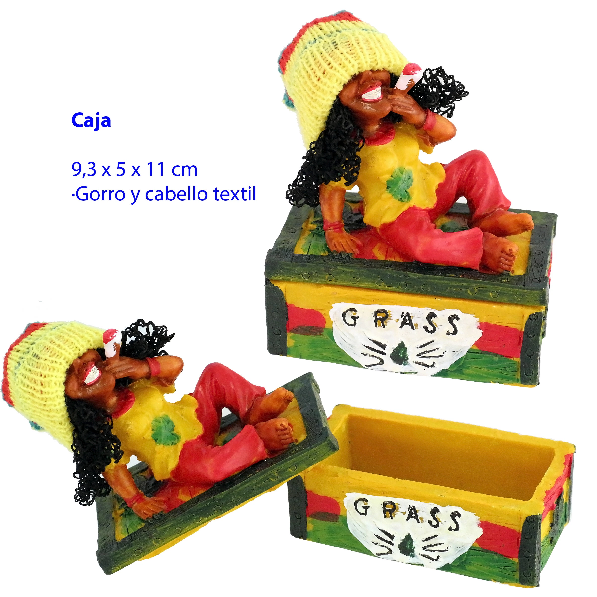 Caja Rasta mostrada abierta y cerrada, con figura recostada de gorro amarillo en la tapa y la palabra GRASS en el frontal. Caja Rasta mostrada abierta y cerrada, con figura recostada de gorro amarillo en la tapa y la palabra GRASS en el frontal.