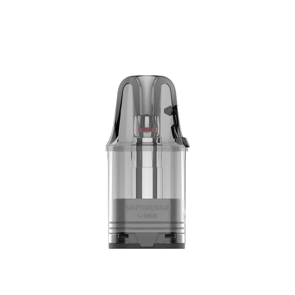 Pod Vaporesso Vibe visto de frente, con depósito transparente gris, boquilla oscura y conducto central visible sobre fondo blanco.