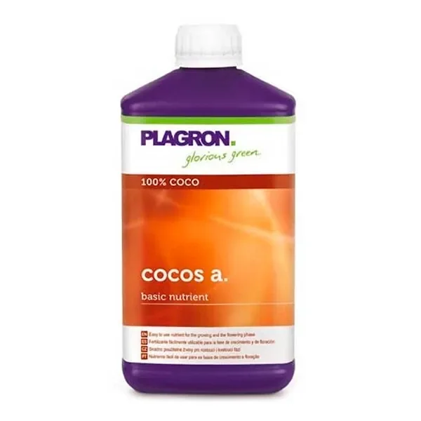 Botella morada de Coco A Plagron con tapón blanco y etiqueta naranja donde se lee «cocos a.» y «basic nutrient». Botella morada de Coco A Plagron con tapón blanco y etiqueta naranja donde se lee «cocos a.» y «basic nutrient».