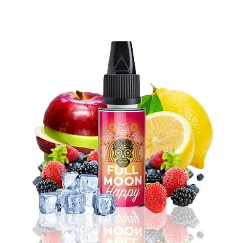 Frasco Full Moon Happy con tapón negro y etiqueta rosa, rodeado de manzana, limón, fresas, moras y cubitos de hielo.