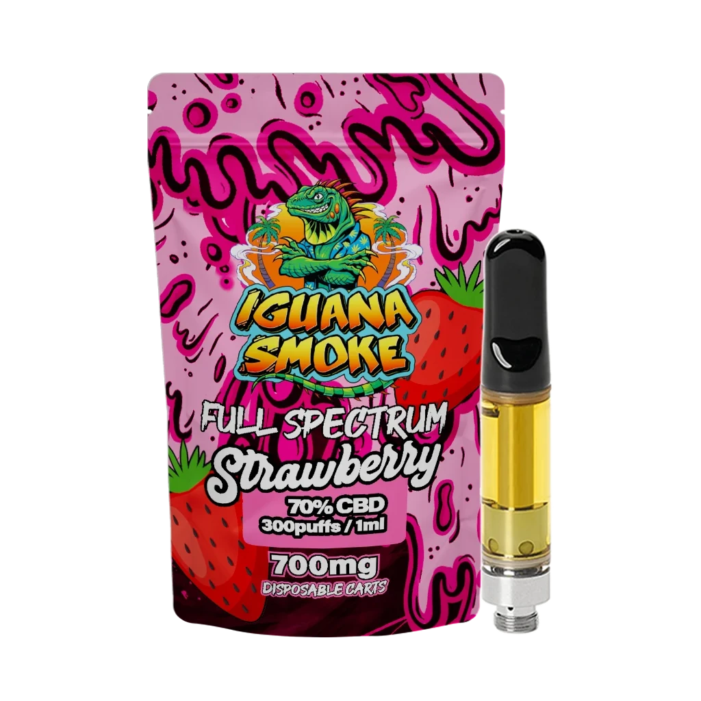 Cartucho de Iguana Smoke con líquido amarillo y boquilla negra junto a un envase rosa rotulado «Full Spectrum Strawberry» y «70% CBD».