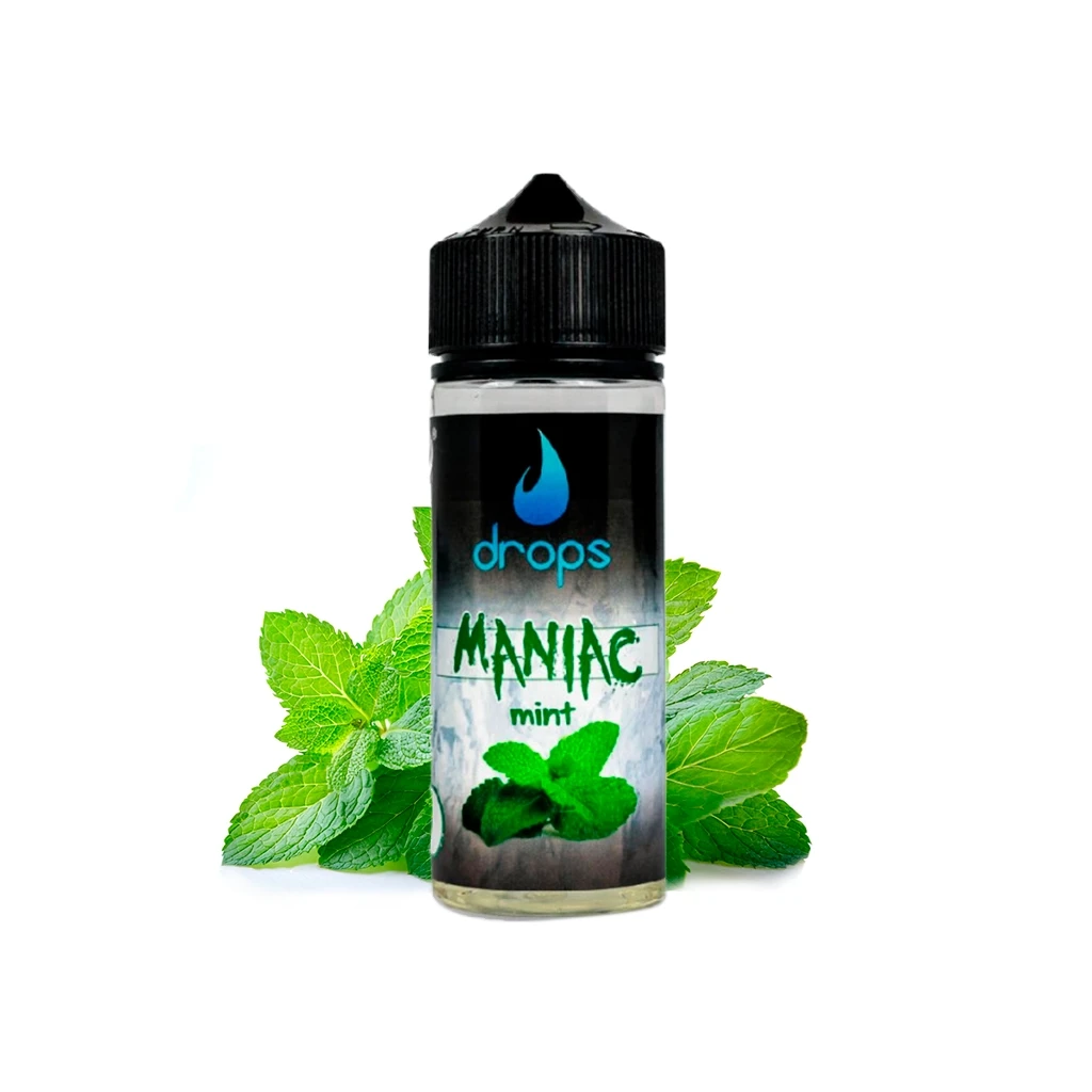 Frasco de líquido Drops Maniac Mint con tapón negro y etiqueta con hojas de menta, rodeado de hojas verdes sobre fondo blanco.