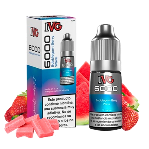 Frasco y caja de IVG 6000 Bubblegum Berry Wave con advertencias de nicotina, rodeados de fresas, sandía y piezas rosas de chicle.