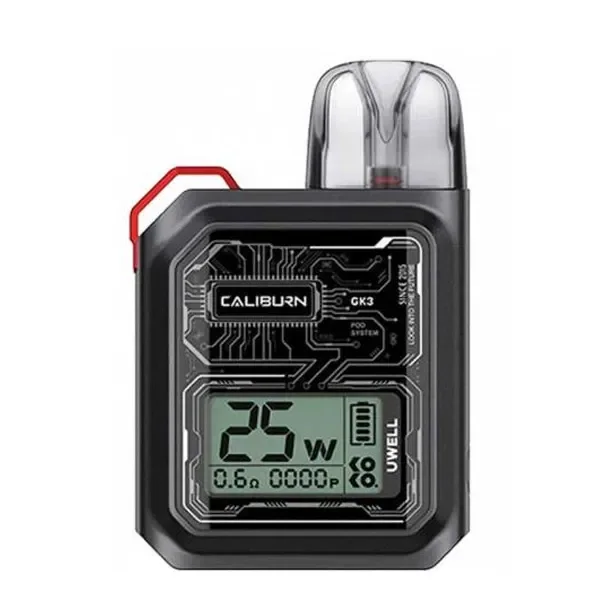 Vapeador Uwell Koko GK3 negro, con boquilla translúcida, detalle rojo y frontal con diseño de circuitos y pantalla que indica 25 W.