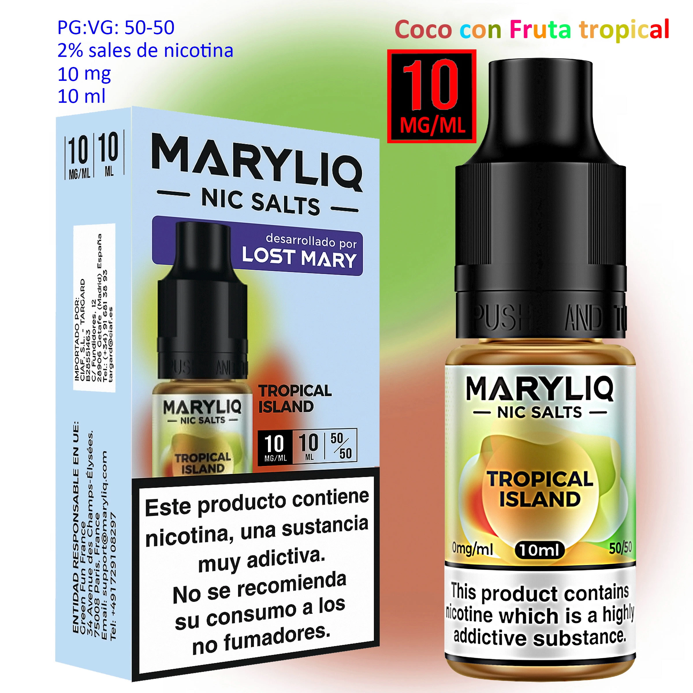 Frasco y caja MARYLIQ Tropical Island con tapón negro, indicación de 10 mg/ml y advertencias sobre la nicotina.