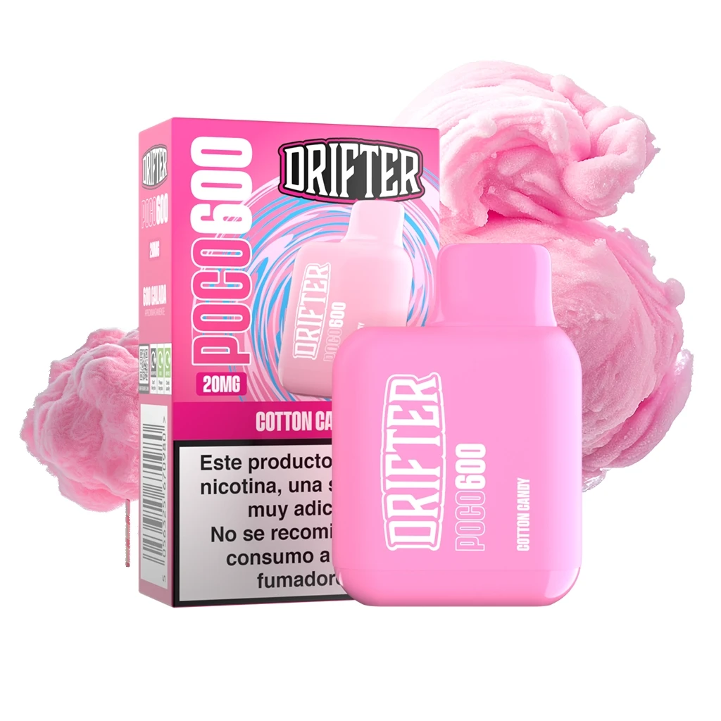 Vapeador rosa Drifter Poco 600 Cotton Candy junto a su caja, con algodón de azúcar rosa al fondo y advertencia de nicotina visible.