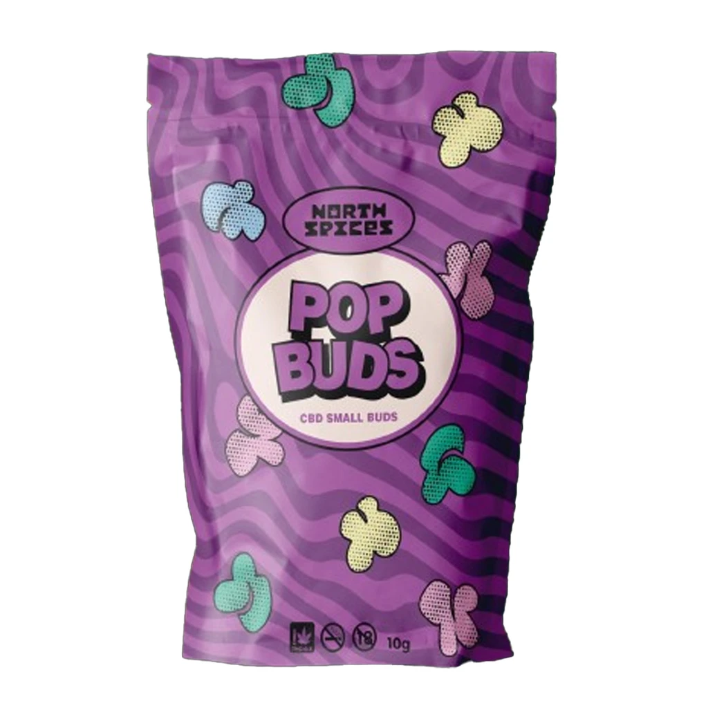 Bolsa morada North Spices Pop Buds con ondas, motivos de colores y las inscripciones «CBD Small Buds» y «10 g», sobre fondo blanco.