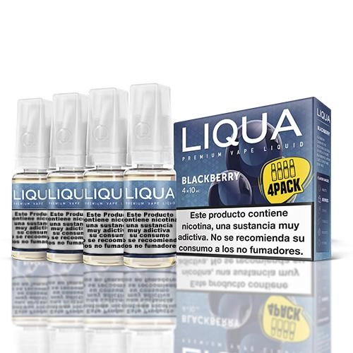 Frascos de Liqua Blackberry con tapones blancos junto a una caja azul con moras, distintivo «4PACK» y advertencia sobre nicotina.