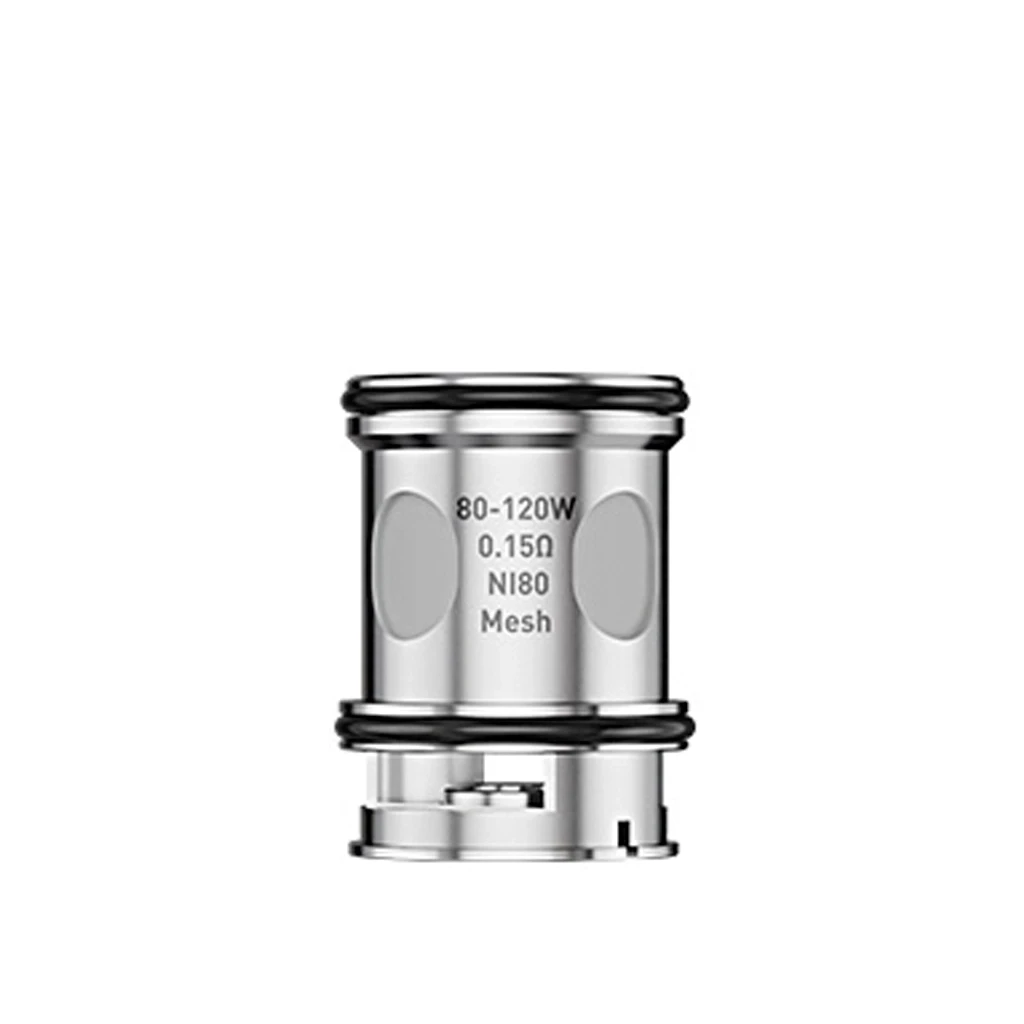 Resistencia Lost Vape UB Max Coil plateada con juntas negras, aberturas laterales y marcado de 80–120 W, 0,15 Ω, NI80 y Mesh. Resistencia Lost Vape UB Max Coil plateada con juntas negras, aberturas laterales y marcado de 80–120 W, 0,15 Ω, NI80 y Mesh.