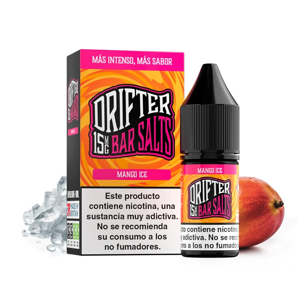 Frasco de Drifter Bar Salts Mango Ice con tapón negro y caja naranja y rosa, junto a un mango y cubitos de hielo.
