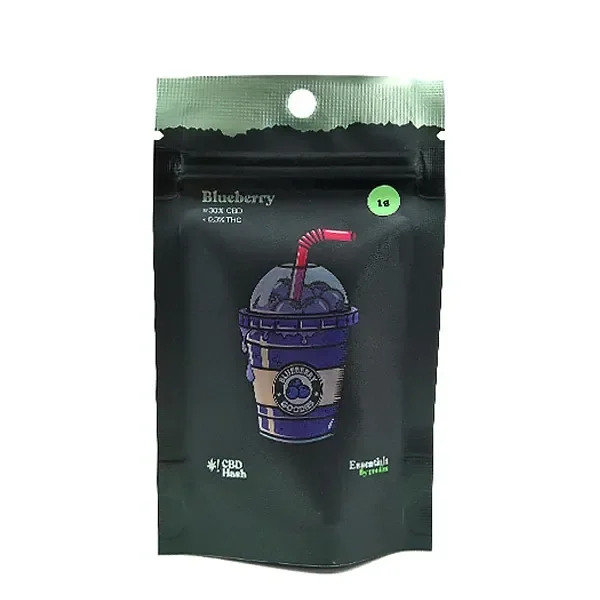 Bolsa oscura de CBD Goodies Hash Blueberry con cierre superior, ilustración de bebida morada con pajita y etiqueta verde de 1 g.