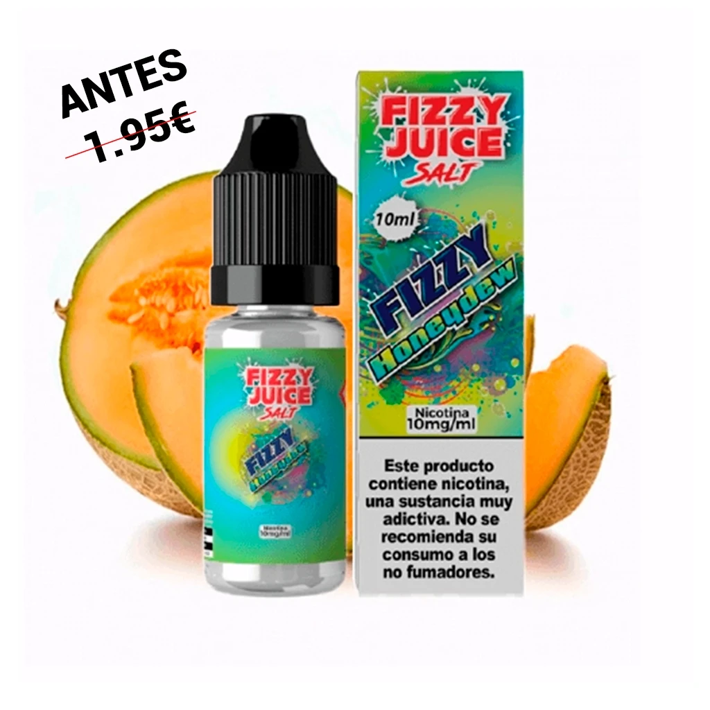 Frasco de Fizzy Juice Salts Honeydew con tapón negro y caja verde y turquesa, delante de un melón abierto y una rodaja.