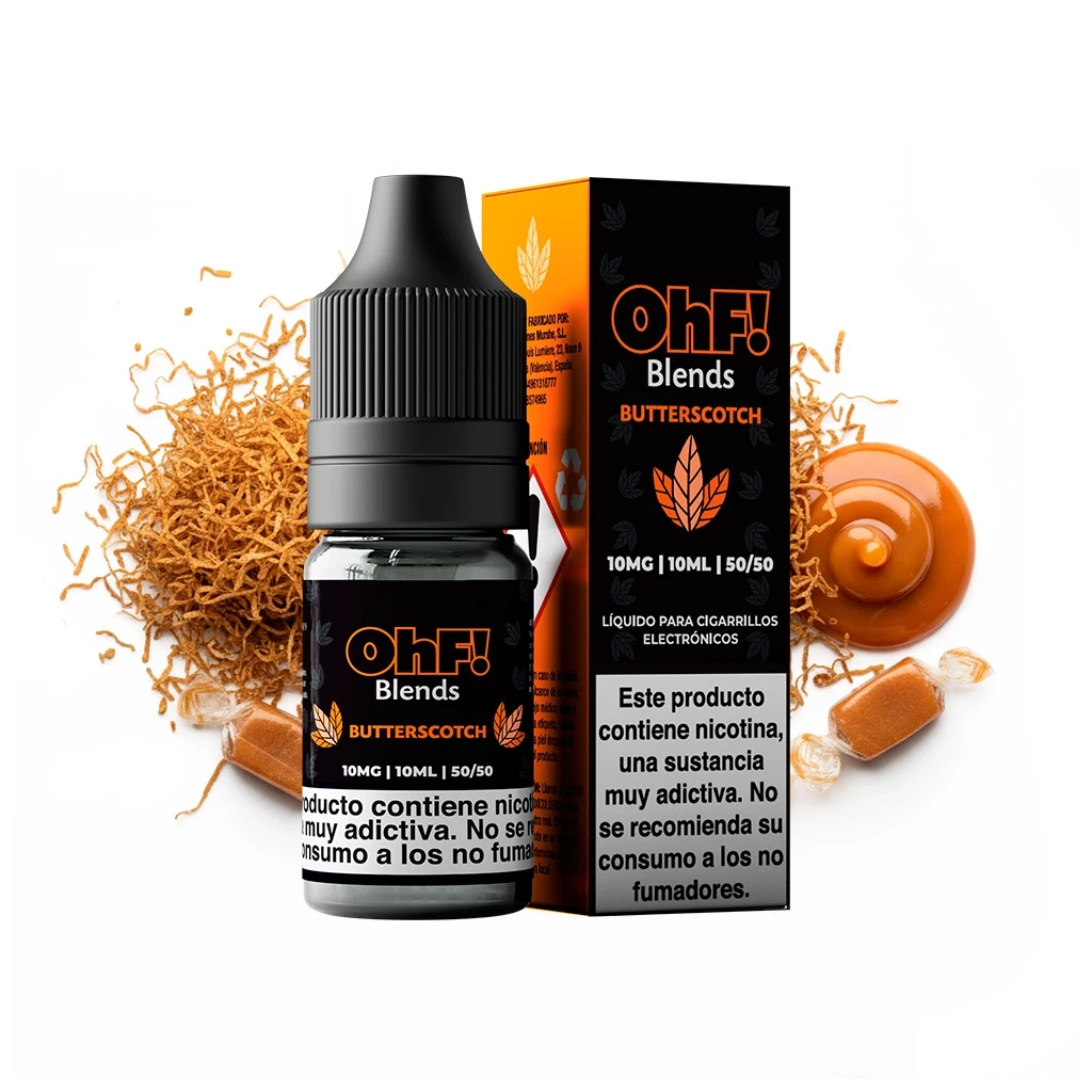 Frasco y caja de OhF! Blends Butterscotch, con etiquetas de 10 mg y 10 ml, rodeados de tabaco y caramelos.