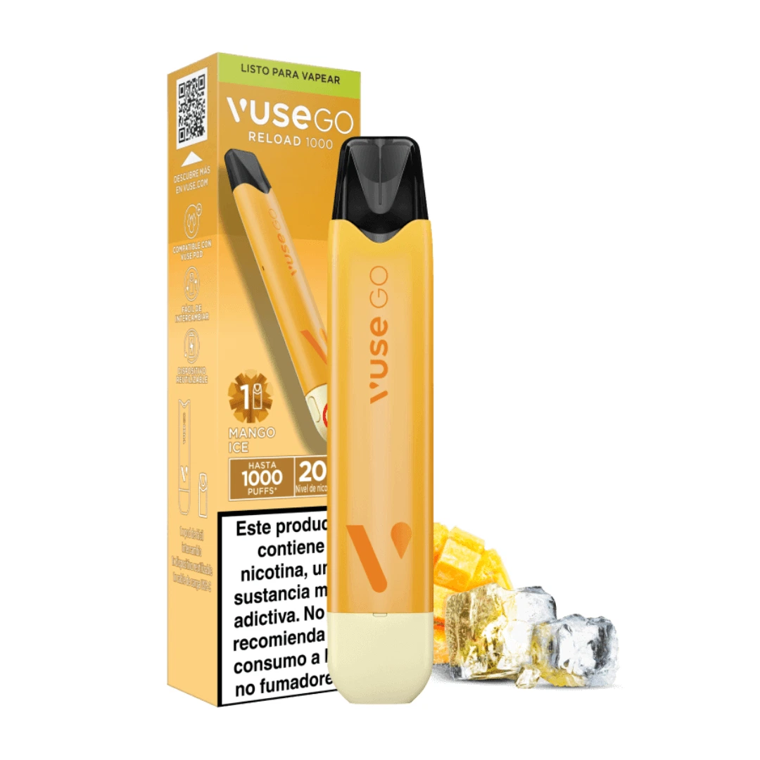 Vuse GO Reload 1000 Pen Mango Ice amarillo con boquilla negra, junto a su caja de 20 mg/ml, trozos de mango y cubitos de hielo.