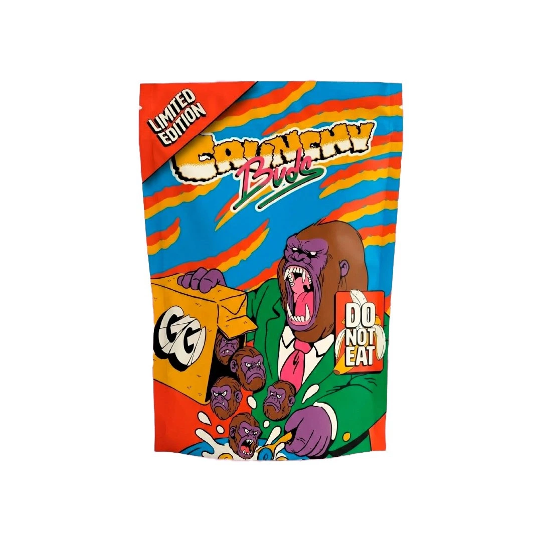 Bolsa Crunchy Buds con franjas de colores, un gorila con traje verde y los textos «Limited Edition» y «Do not eat».