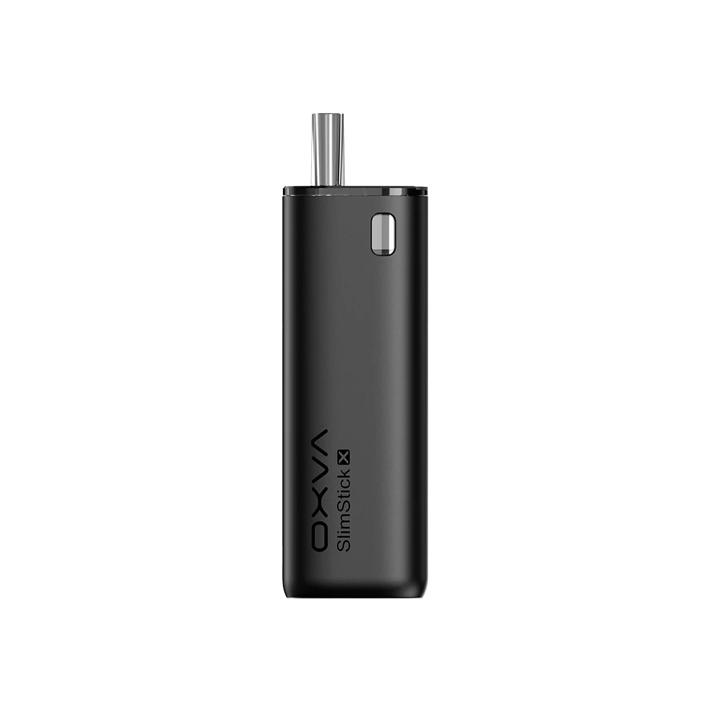 Oxva SlimStick X negro en posición vertical, con boquilla metálica y ventana ovalada cerca de la parte superior, sobre fondo blanco.