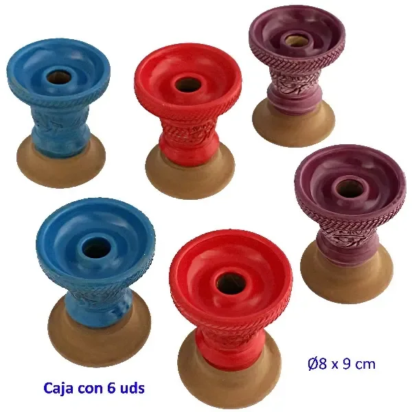 Cazoletas de barro COLORS en azul, rojo y morado, con orificio central, relieves decorativos y bases marrones.