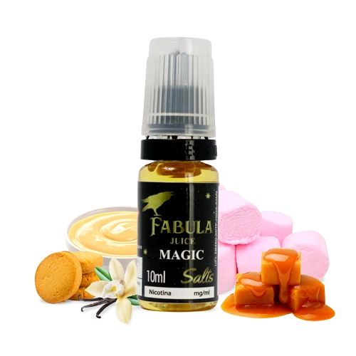 Frasco de Fabula Juice Salts Magic 10 ml con tapón translúcido, rodeado de nubes rosas, caramelos, galletas y una flor de vainilla.