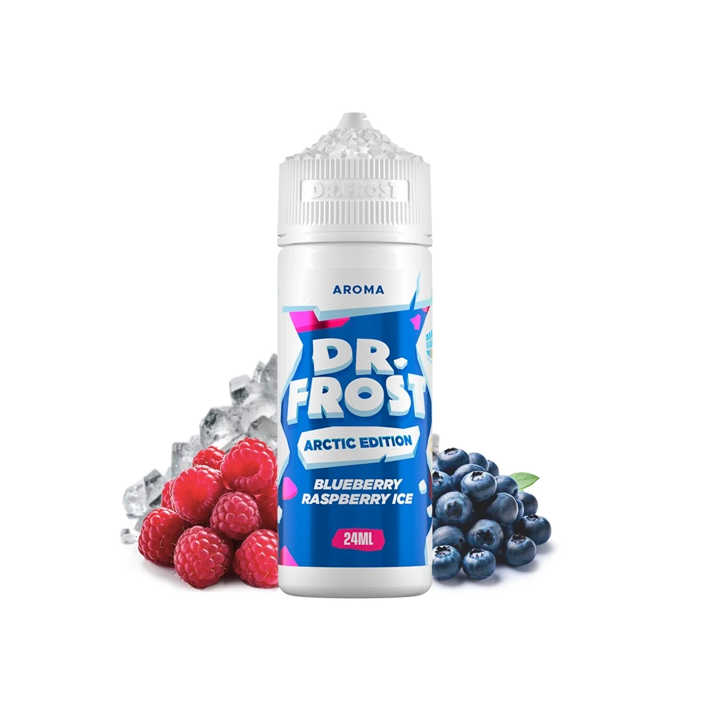 Bote Dr Frost Blueberry Raspberry Ice Longfill de 24 ml, con etiqueta azul y tapón blanco, rodeado de frutos rojos, arándanos y hielo.