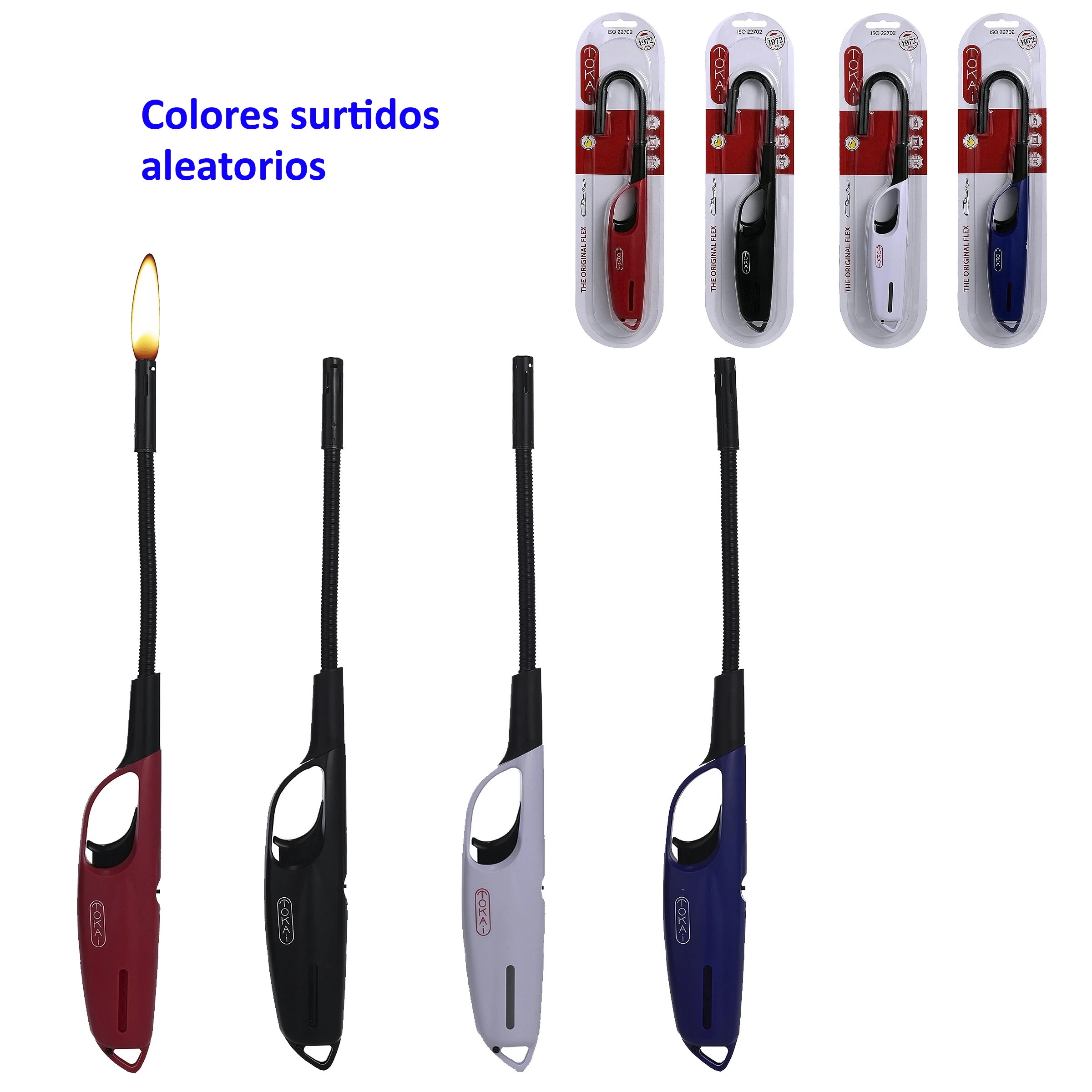 Encendedores Tokai de cuello largo flexible en rojo, negro, blanco y azul, junto a sus blísteres; el rojo muestra una llama.