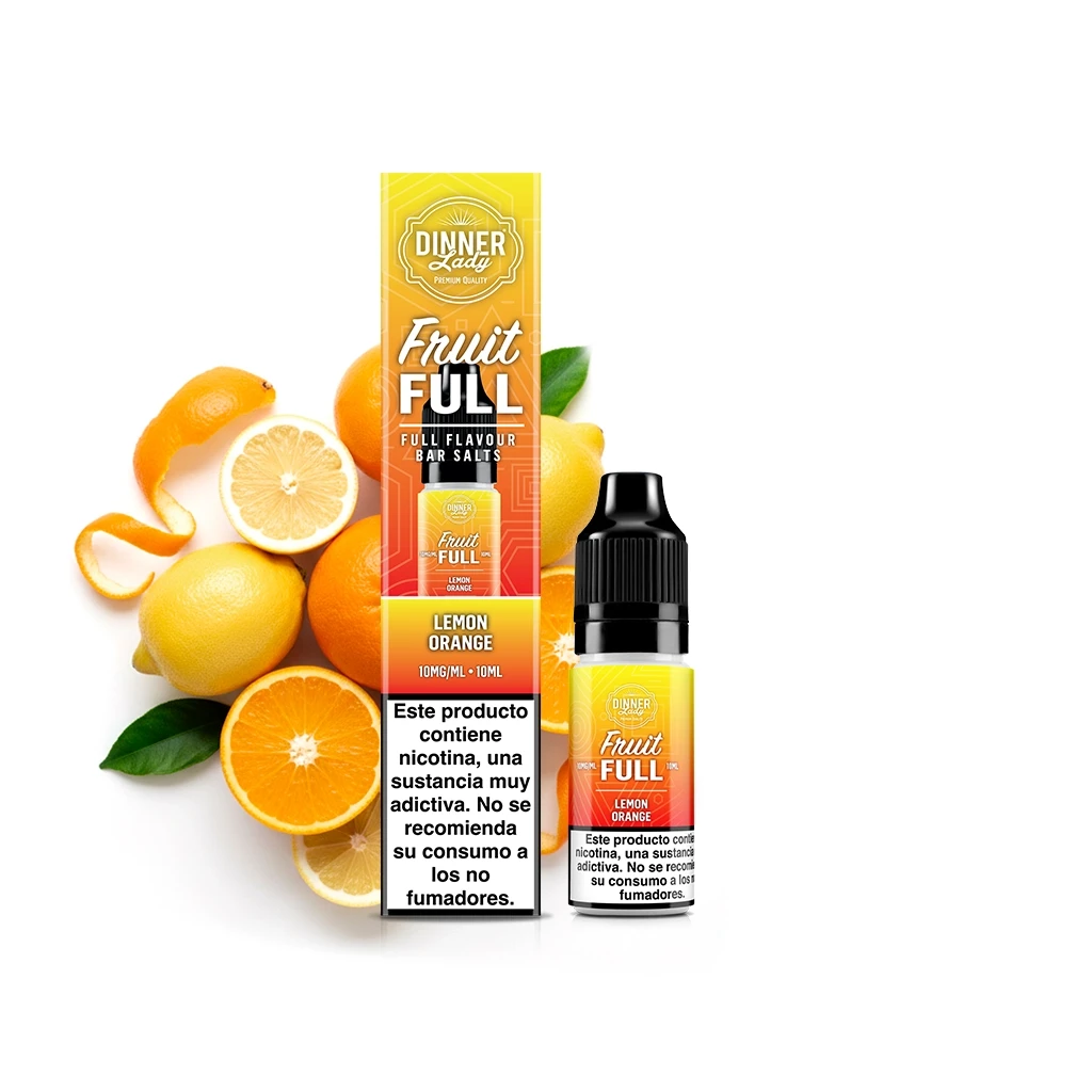 Frasco y caja de Dinner Lady Fruit Full Lemon Orange, con etiqueta de 10 ml y 10 mg/ml, rodeados de limones y naranjas.