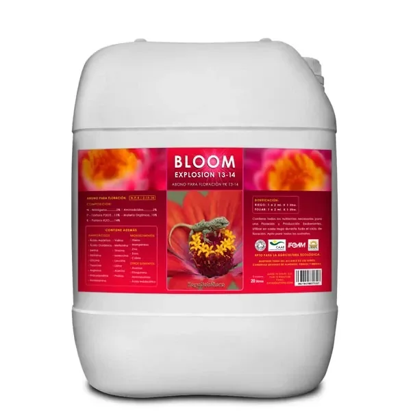 Bidón blanco de Bloom Explosion Kayasolutions con etiqueta roja, flores y el texto «Bloom Explosion 13-14», sobre fondo blanco.