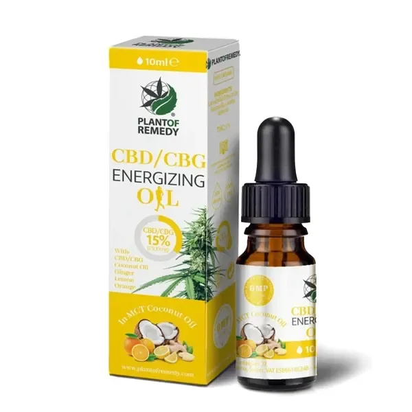 Aceite Energizing Plant of Remedy en frasco ámbar con cuentagotas negro, junto a su caja blanca y amarilla rotulada CBD/CBG.