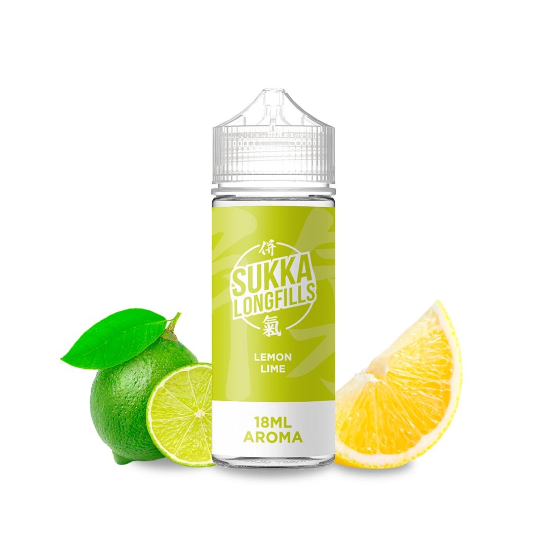 Botella Sukka Lemon Lime Longfill con tapón transparente y etiqueta verde de 18 ml, acompañada de una lima y una rodaja de limón.