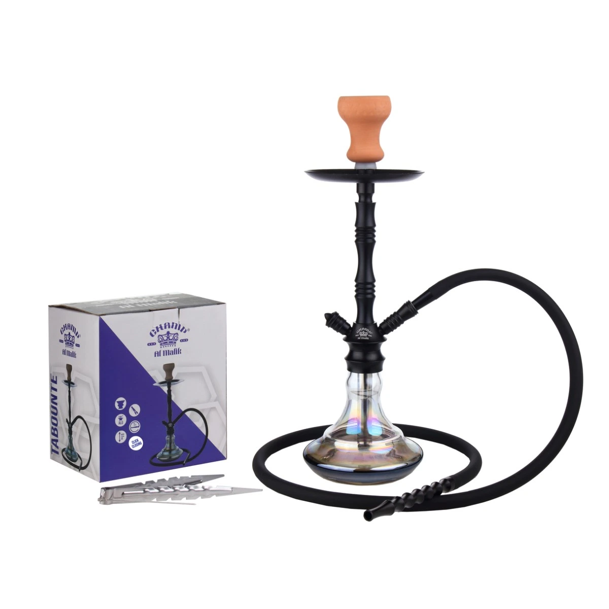 Cachimba Al Malik Tabounte Black con cuerpo negro, base transparente, cazoleta marrón y manguera negra, junto a su caja y unas pinzas.