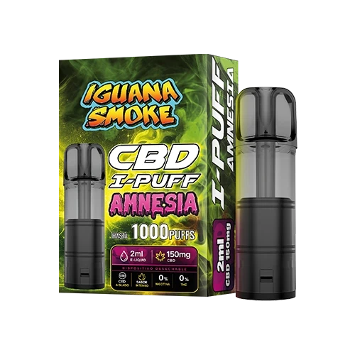 Cartucho CBD I-PUFF Amnesia de Iguana Smoke, negro y gris, junto a su caja verde con las indicaciones 1000 puffs, 2 ml y 150 mg CBD.