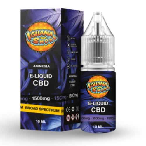 Frasco de e-líquido CBD Amnesia Broad Spectrum de Iguana Smoke junto a su caja, con diseño morado y negro y tapón transparente.