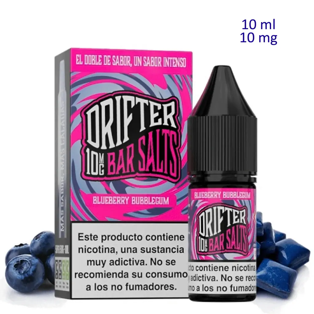 Blueberry Bubblegum Drifter Bar Salts con caja rosa y gris, frasco de tapón negro y arándanos y chicles azules alrededor.