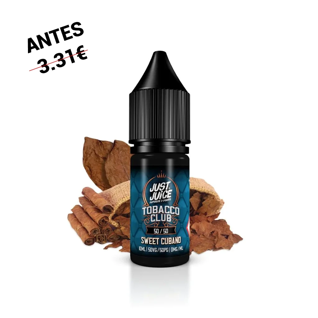 Frasco negro de Tobacco Club Sweet Cubano de Just Juice, con etiqueta azul, ante hojas marrones y ramas de canela sobre fondo blanco.