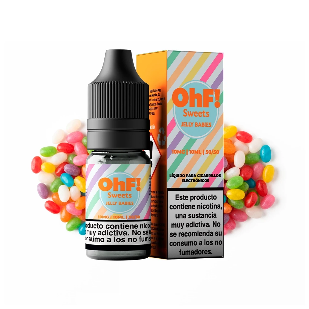 Frasco y caja de OhF Sweets Jelly Babies con rayas multicolor y advertencias de nicotina, rodeados de caramelos sobre fondo blanco.
