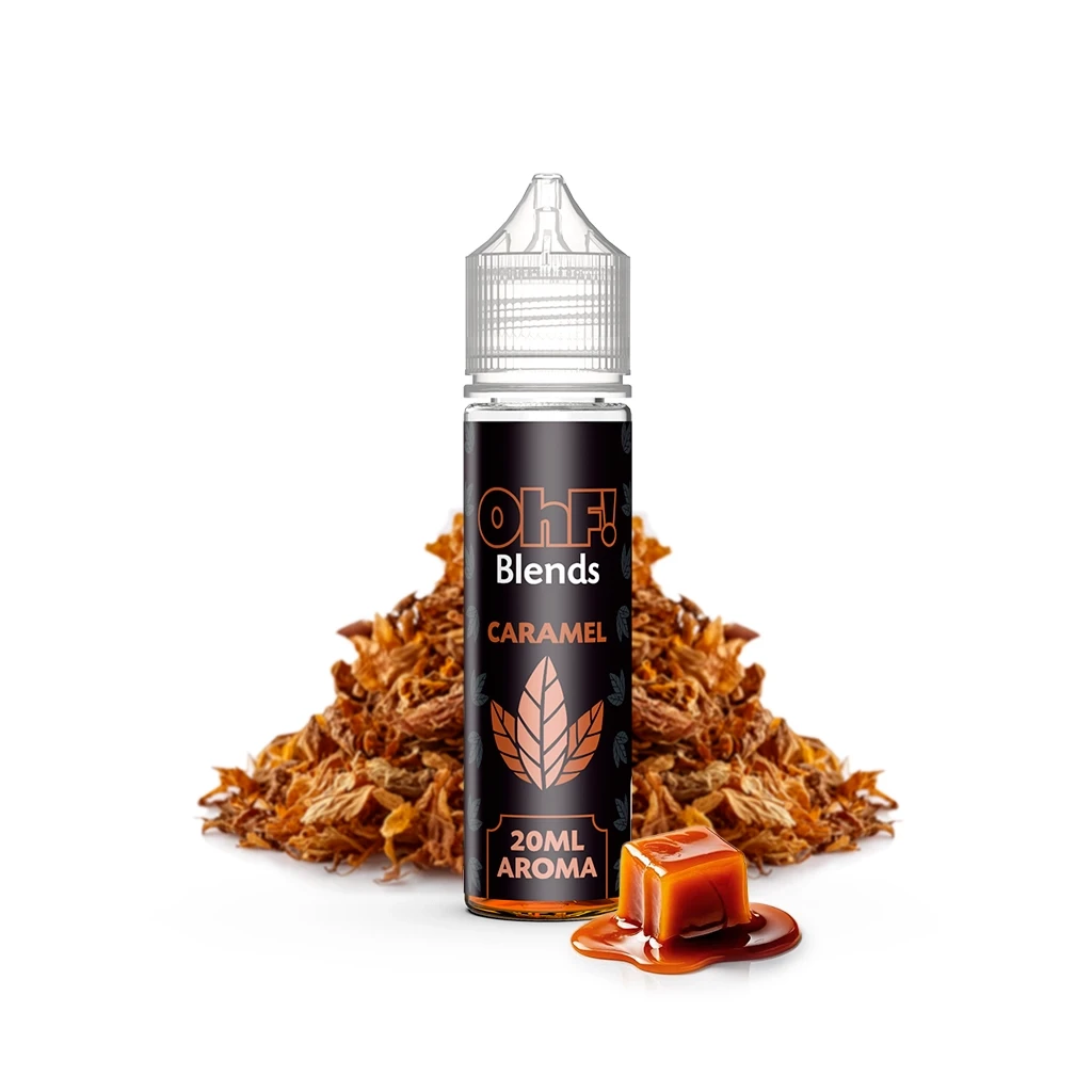 Frasco OhF! Blends Caramel con etiqueta negra de 20 ml de aroma y tapón transparente, ante hojas de tabaco y un caramelo.