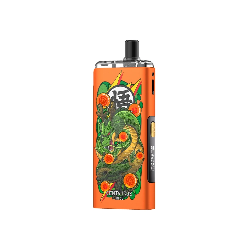Pod Lost Vape Centaurus Ori 35 Sayan Core naranja, con dragón verde, esferas naranjas, boquilla negra y pantalla lateral.