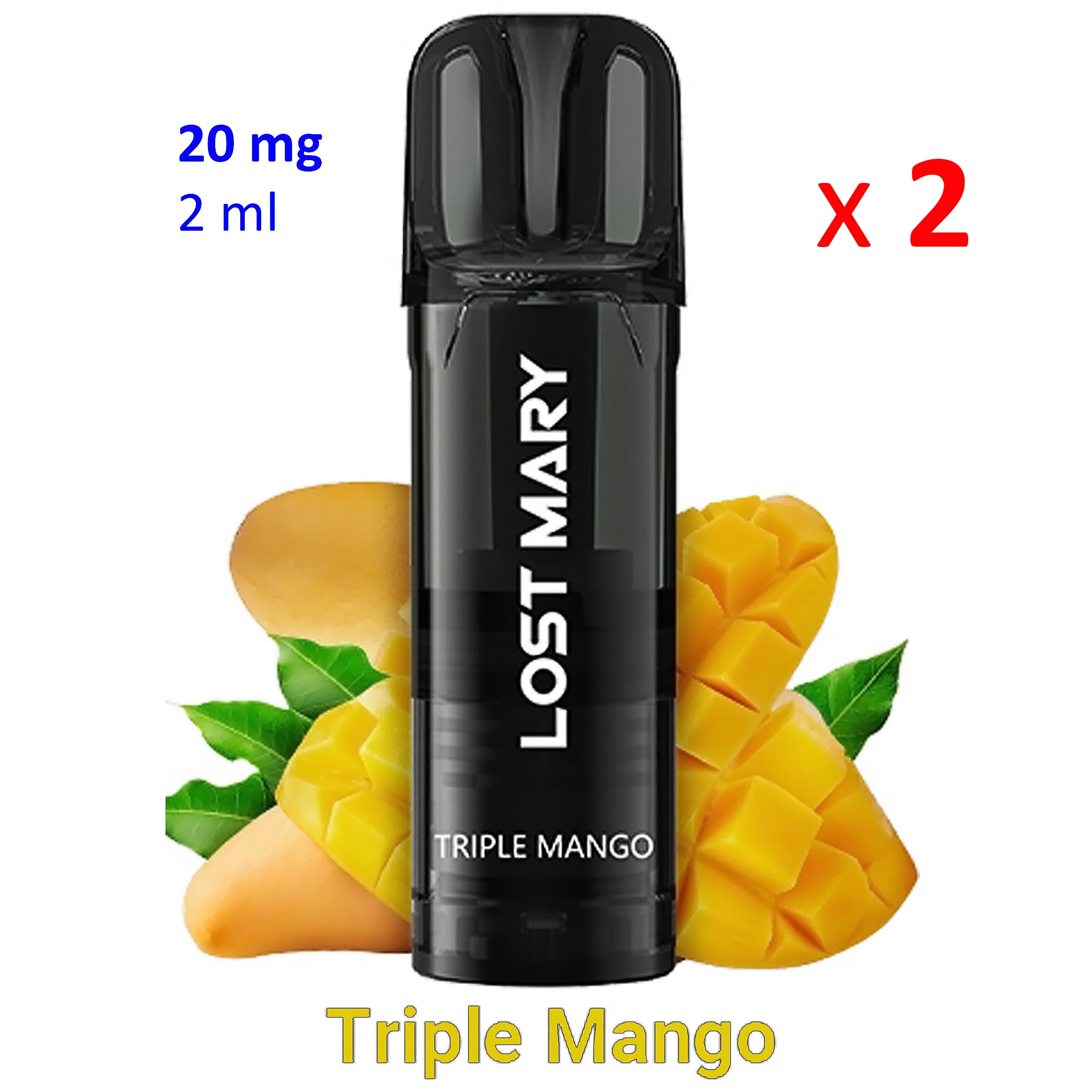 Pod negro Lost Mary Triple Mango ante mangos cortados, con las indicaciones «20 mg», «2 ml» y «x 2» sobre fondo blanco.