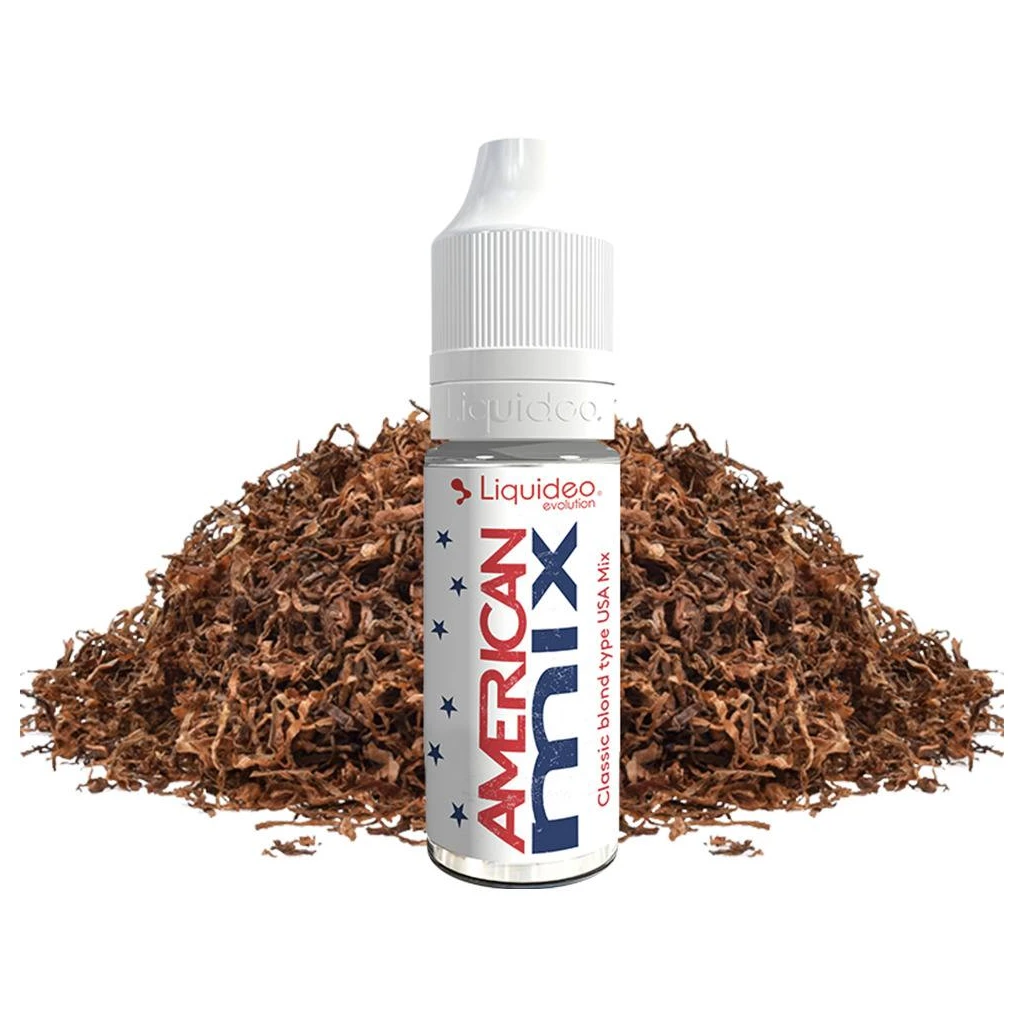 Frasco de AMERICAN MIX Evolution de Liquideo con tapón blanco y etiqueta roja y azul, delante de un montón de tabaco picado.