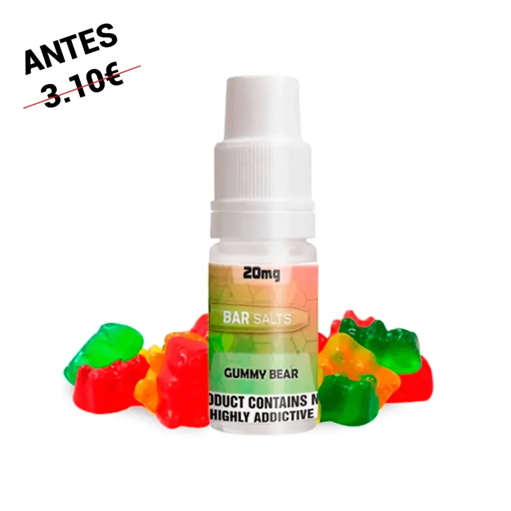 Frasco Bar Salts Gummy Bear con tapón blanco y etiqueta de 20 mg, rodeado de ositos de gominola de varios colores.