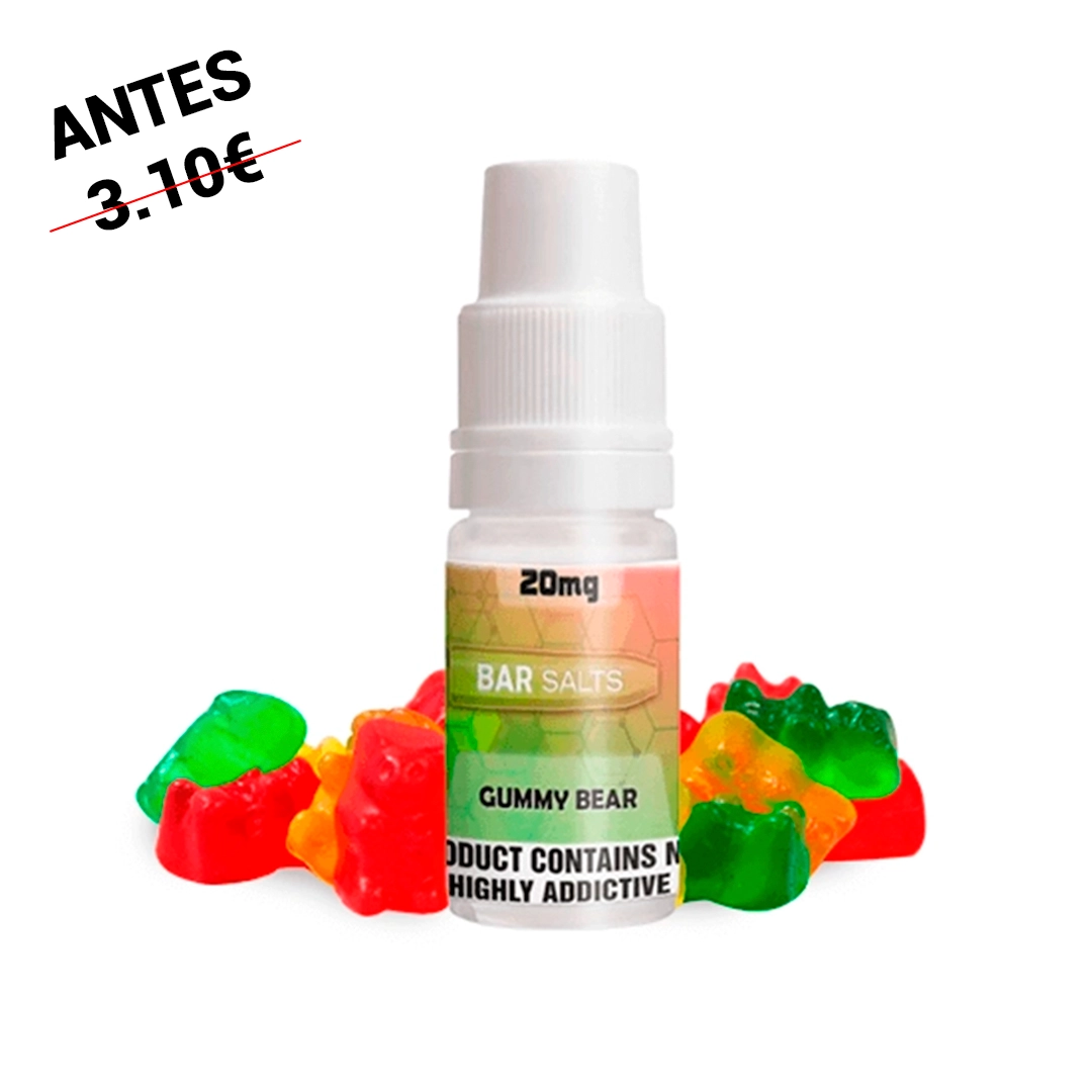 Frasco Bar Salts Gummy Bear con tapón blanco y etiqueta de 20 mg, rodeado de ositos de gominola de varios colores.