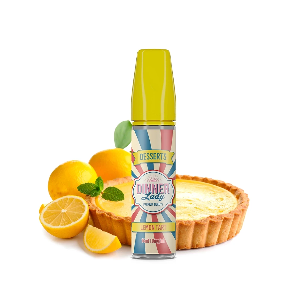 Frasco Dinner Lady Lemon Tart con tapón amarillo y etiqueta multicolor, delante de una tarta de limón y limones cortados.