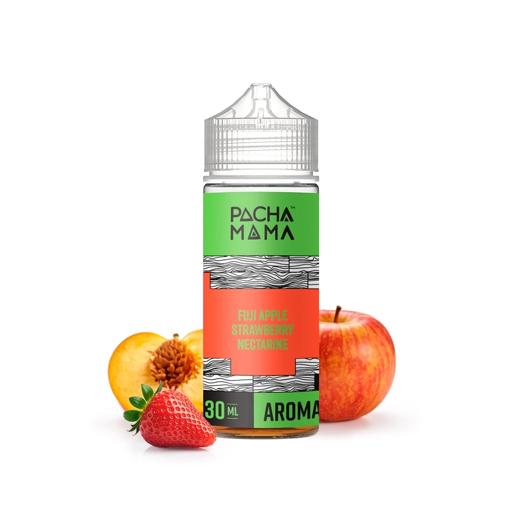 Frasco Pachamama Fuji Apple Strawberry Nectarine de 30 ml, con etiqueta verde y coral, junto a una manzana, una fresa y nectarina cortada.