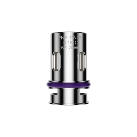 Resistencia Voopoo PnP TW15 plateada, con aberturas laterales, junta violeta y grabado de 0,15 Ω y 55–70 W.