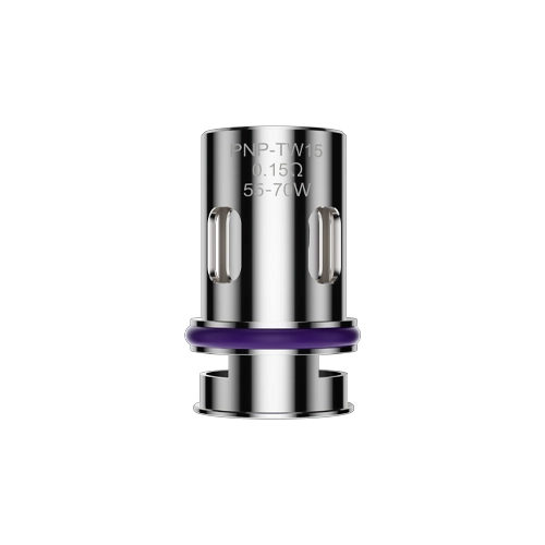 Resistencia Voopoo PnP TW15 plateada, con aberturas laterales, junta violeta y grabado de 0,15 Ω y 55–70 W.