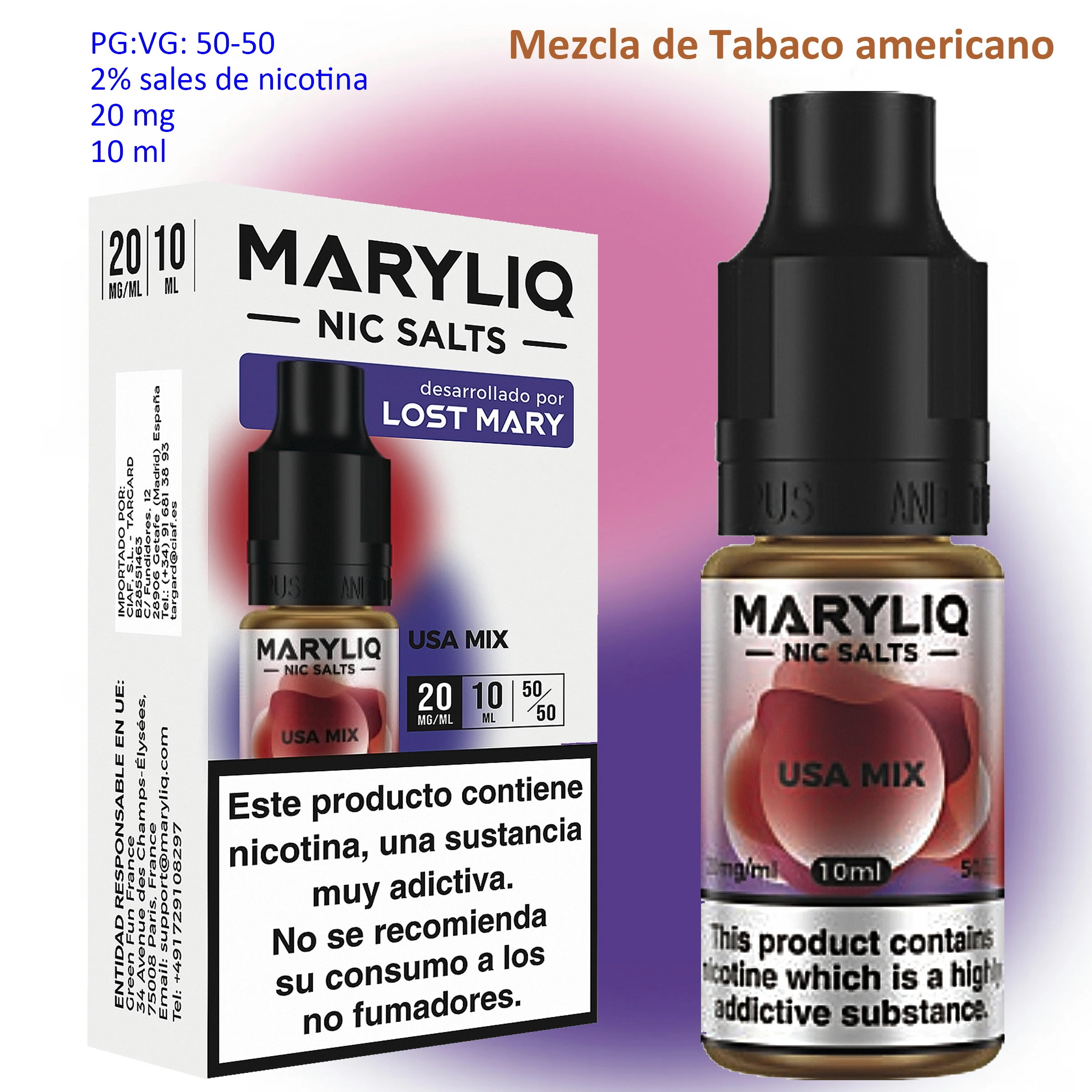 Frasco MARYLIQ USA Mix de 10 ml con tapón negro junto a su caja, con indicación de 20 mg/ml y advertencia sobre la nicotina.