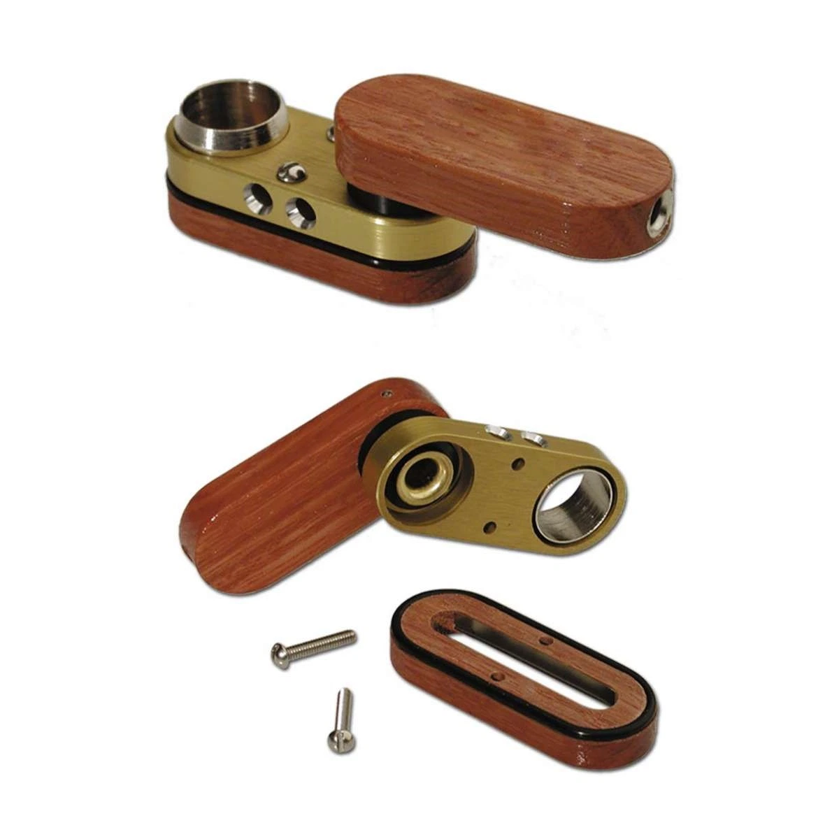 Pipa plegable de metal y madera mostrada abierta y desmontada, con cazoleta circular, tapa giratoria y tornillos separados.