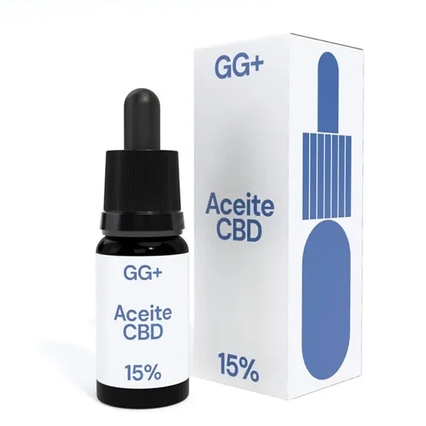 Frasco de aceite CBD GG+ al 15 % con cuentagotas negro, junto a su caja blanca con letras y diseño en azul.