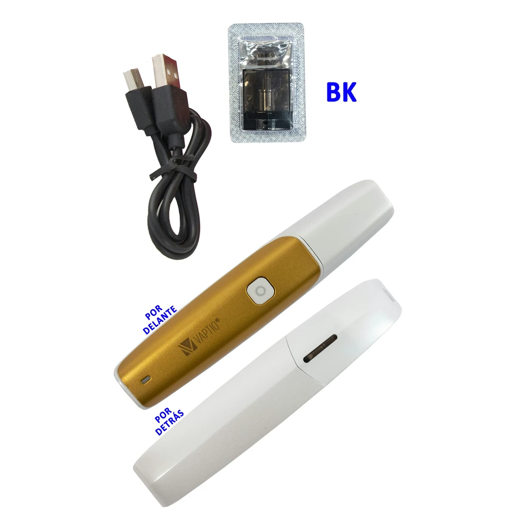 Vistas frontal y trasera del pod Vaptio C-Flat blanco y dorado, junto a un cable USB negro y un cartucho en blíster.