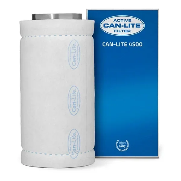Filtro cilíndrico Can-Lite 4500 con cubierta blanca y boca metálica superior, junto a su caja azul con el nombre del modelo.