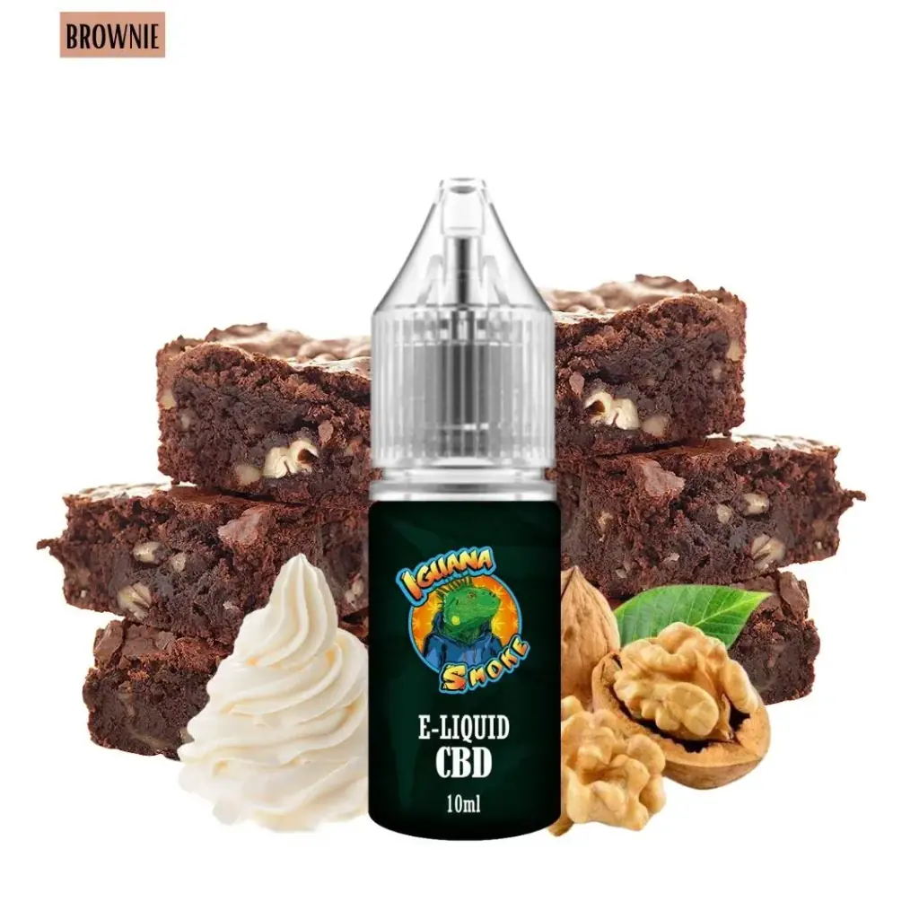 Frasco de e-líquido CBD Brownie de Iguana Smoke de 10 ml, rodeado de brownies, nueces y una espiral de crema blanca.